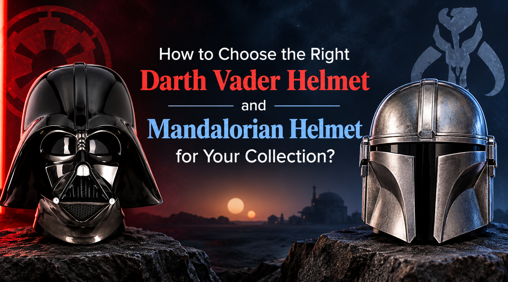 Darth Vader helmet and Mandalorian helmet replicas for Star Wars collectors
