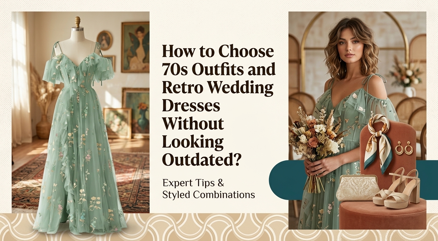 Vintage-inspired 70s outfits and retro wedding dresses with elegant colors and classic silhouettes